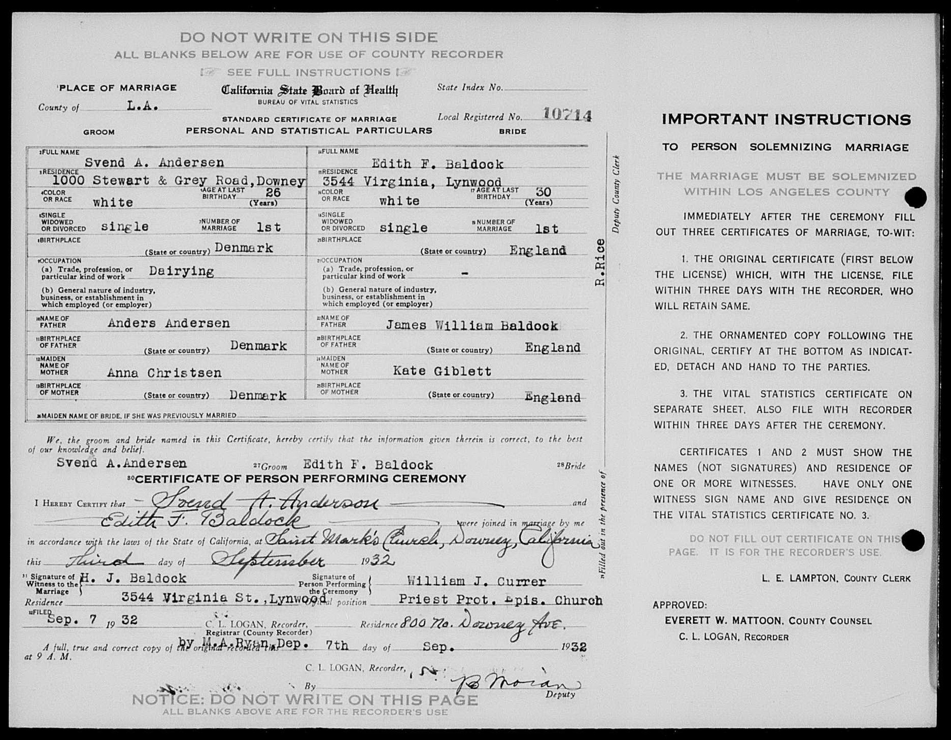 Svend A. Andersen and Edith F. Baldock marriage license and certificate — p2 of 2 (2671 KB) 3 September 1932 California State Board of Health. Bureau of Vital Statistics. Standard Certificate of Marriage. Personal and Statistical Particulars. Certificate of Person Performing Ceremony. (Click on Picture to View Full Size) picture