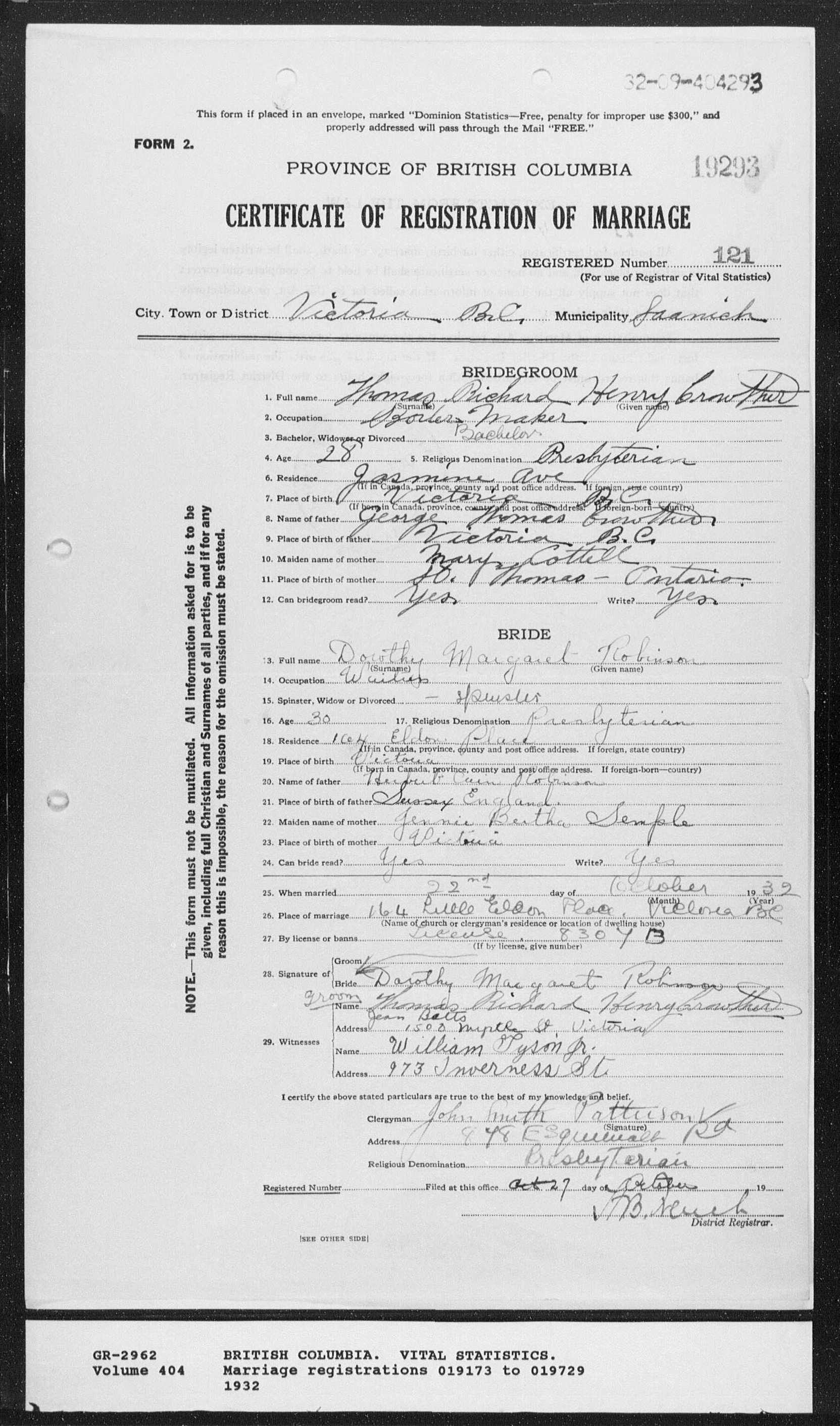 Thomas Richard Henry Crowther and Dorothy Margaret Robinson marriage record in Saanich, Victoria, British Columbia, Canada (4592 KB) 22 October 1932 Province of British Columbia. Certificate of Registration of Marriage. (Click on Picture to View Full Size) picture