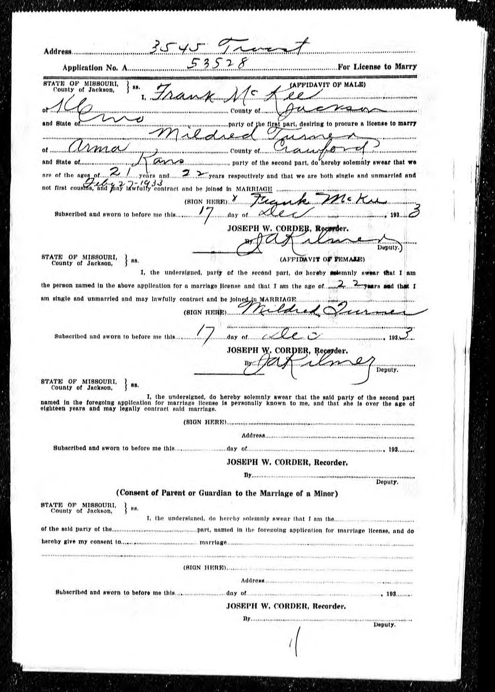 Frank McKee and Mildred Turner marriage license application in Kansas City, Missouri (3394 KB) 17 December 1933 STATE OF MISSOURI, County of Jackson. Application For License to Marry. (Click on Picture to View Full Size) picture