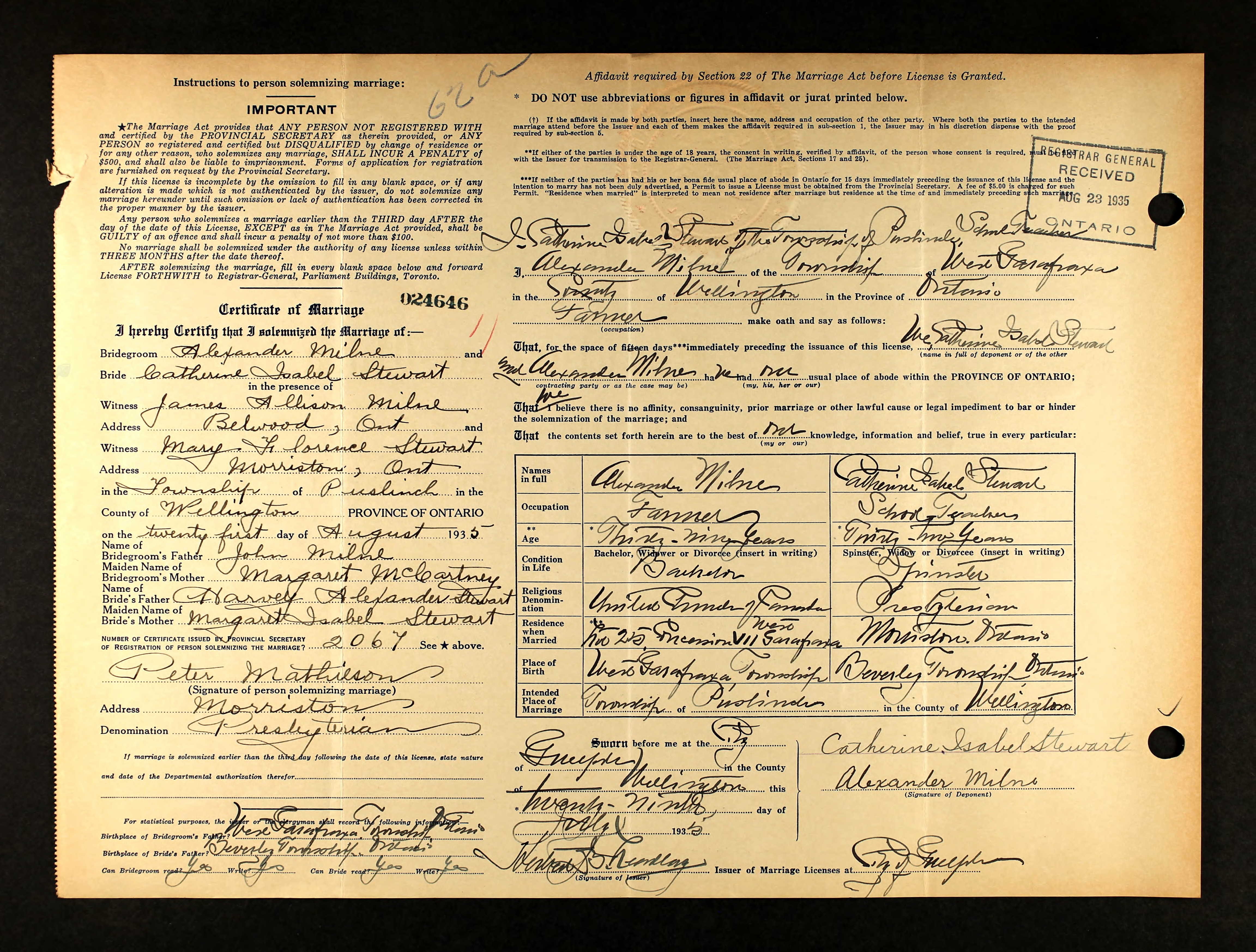 Alexander Milne and Catherine Isabel Stewart marriage in Morriston (47142 KB) 1935 Certificate of Marriage. Alexander Milne and Catherine Isabel Stewart marriage on 29 July 1935 in Morriston, Puslinch Township, Wellington County, Ontario, Canada; Archives of Ontario, Series MS929, Reel 124. (Click on Picture to View Full Size) picture