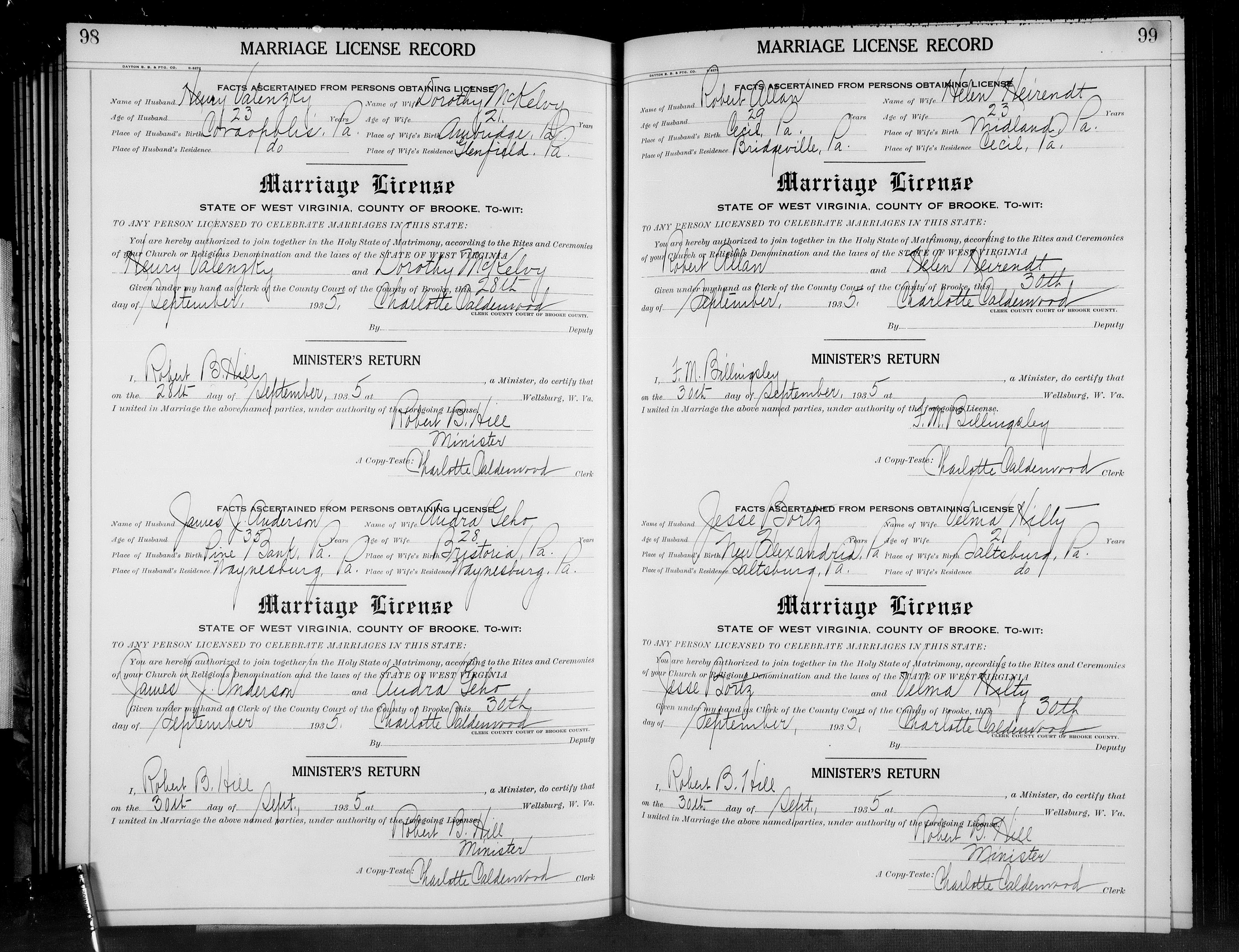 Robert Allan and Helen Heirendt marriage record in Wellsburg, West Virginia (15921 KB) 30 September 1935 1935. State of West Virginia, County of Brooke. Facts Ascertained from Persons Obtaining License, Marriage License, and Minister's Return for Robert Allan and Helen Heirendt (Click on Picture to View Full Size) picture