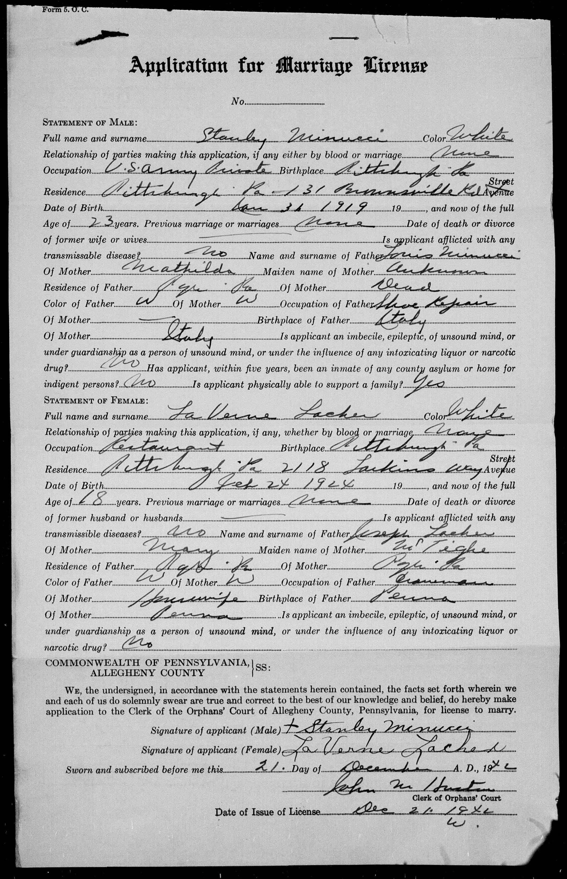 Stanley Minucci and LaVerne Lacher — Marriage Application (p2 of 4) (7040 KB) 21 December 1942 1942. Orphans' Court of Allegheny County, Commonwealth of Pennsylvania. Marriage Application (p2 of 4) — Application for Marriage License (Click on Picture to View Full Size) picture