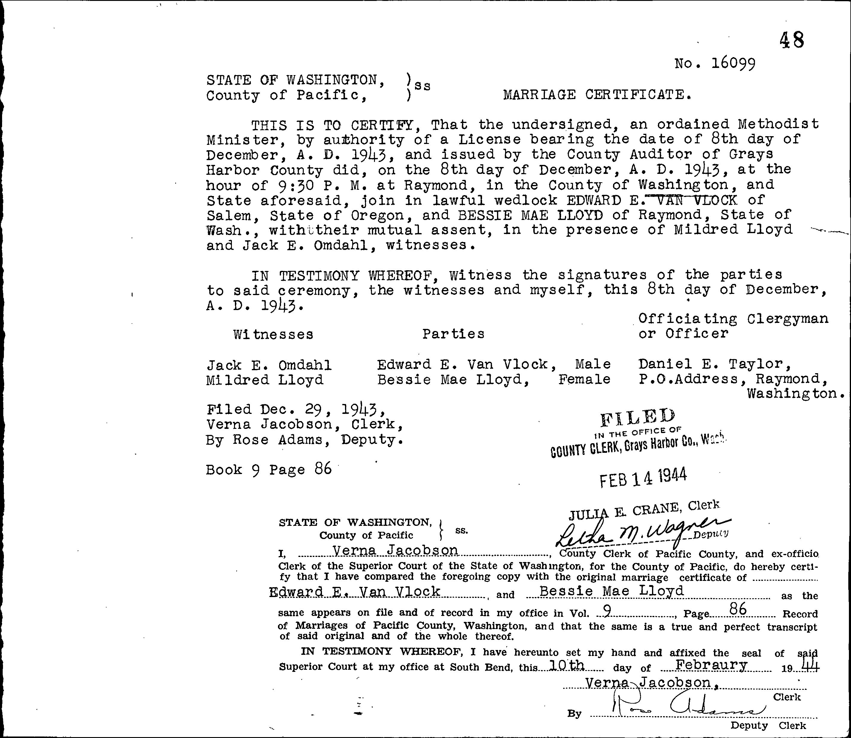 Edward E. Van Vlock and Bessie Mae Lloyd marriage record in Raymond, Washington (6848 KB) 8 December 1943 STATE OF WASHINGTON, County of Pacific. Marriage Certificate. (Transcript of Original) (Click on Picture to View Full Size) picture