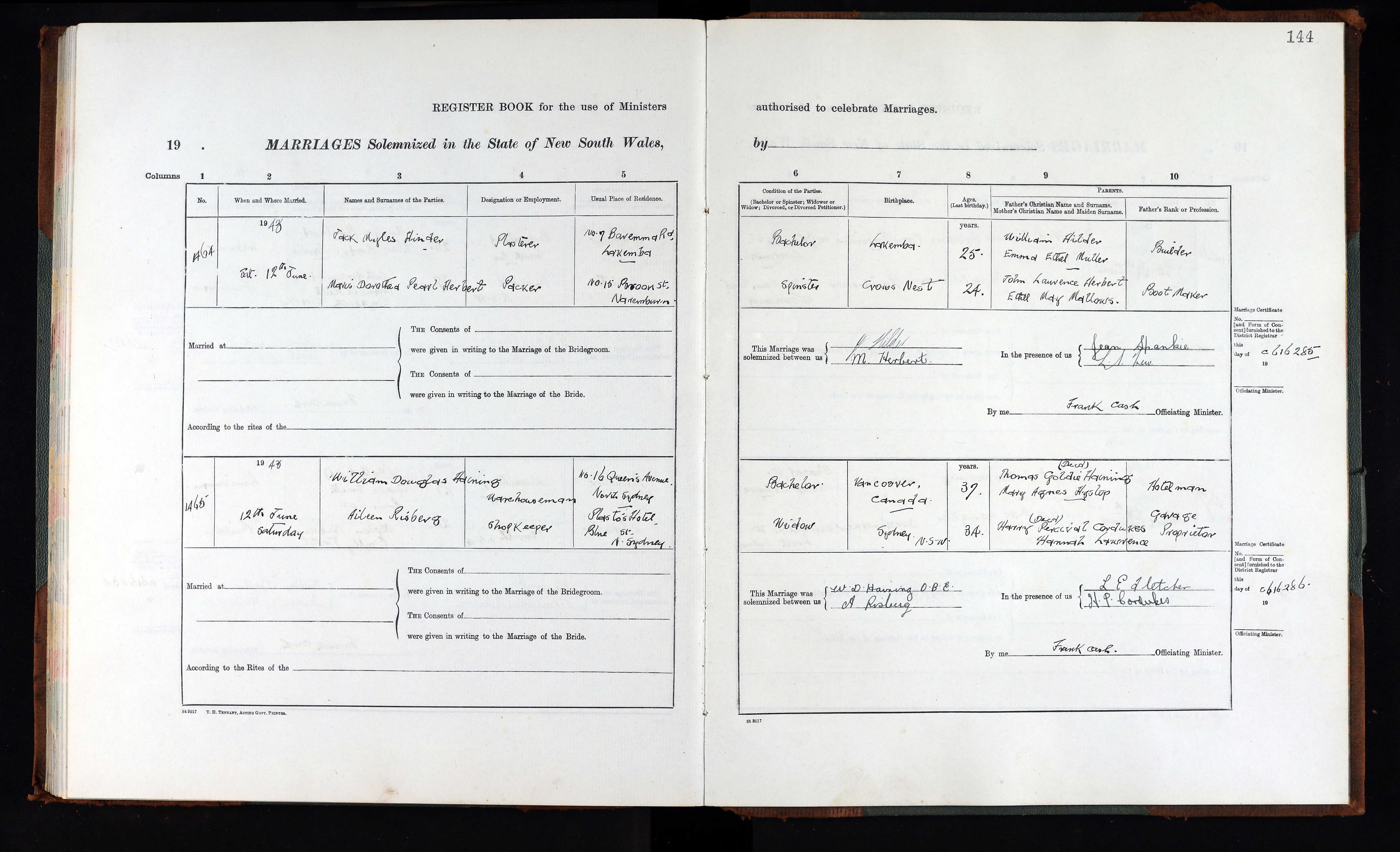 William Douglas Haining and Aileen Risberg marriage (108003 KB) 12 June 1943 North Sydney Lavender Bay Christ Church. Sydney Diocesan Archives, Anglican Church Diocese of Sydney. Sydney, New South Wales, Australia. (Click on Picture to View Full Size) picture