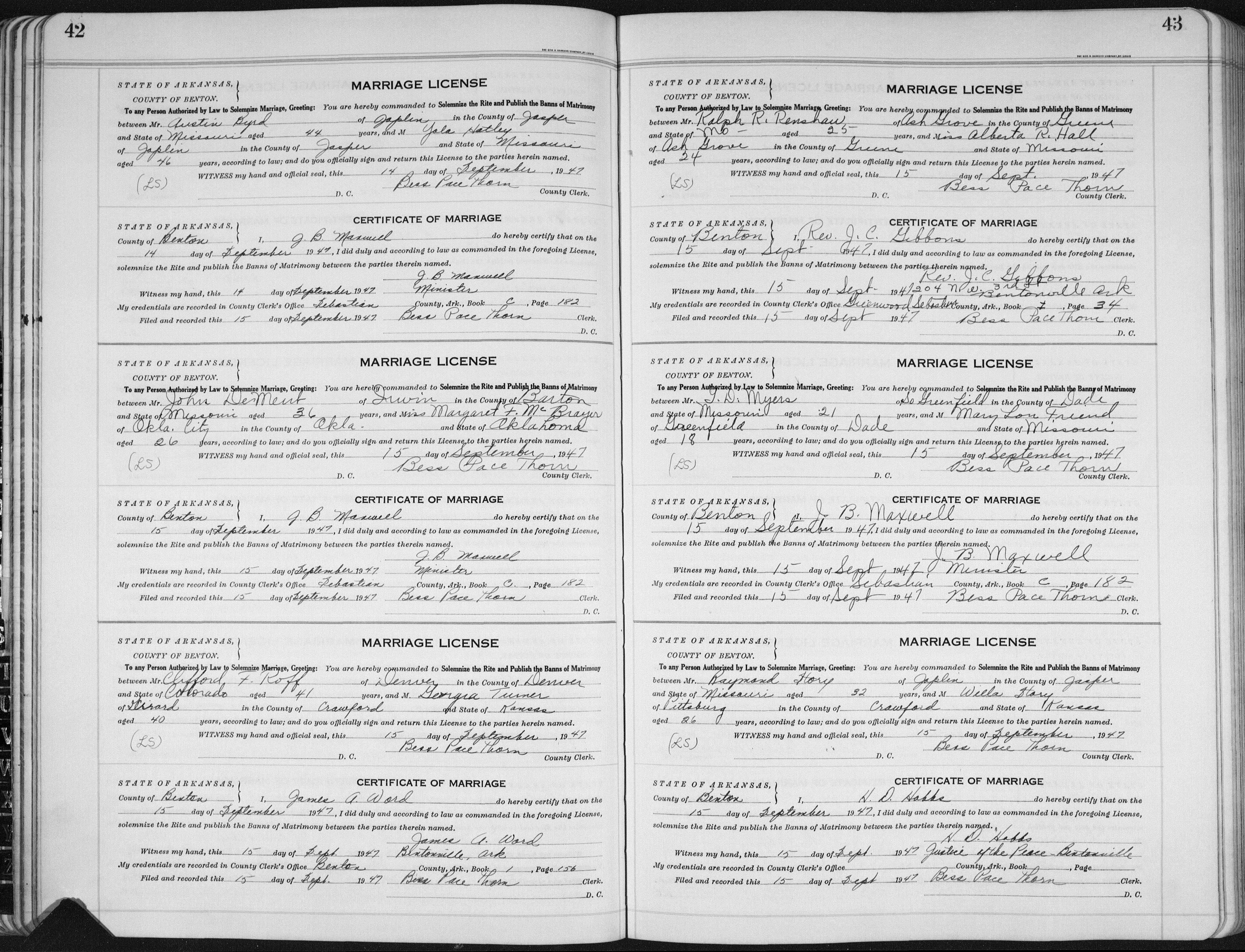 Clifford F. Roff and Georgia Turner marriage record in Bentonville, Arkansas (15528 KB) 15 September 1947 STATE OF ARKANSAS, COUNTY OF BENTON. Marriage License and Certificate of Marriage. (Click on Picture to View Full Size) picture