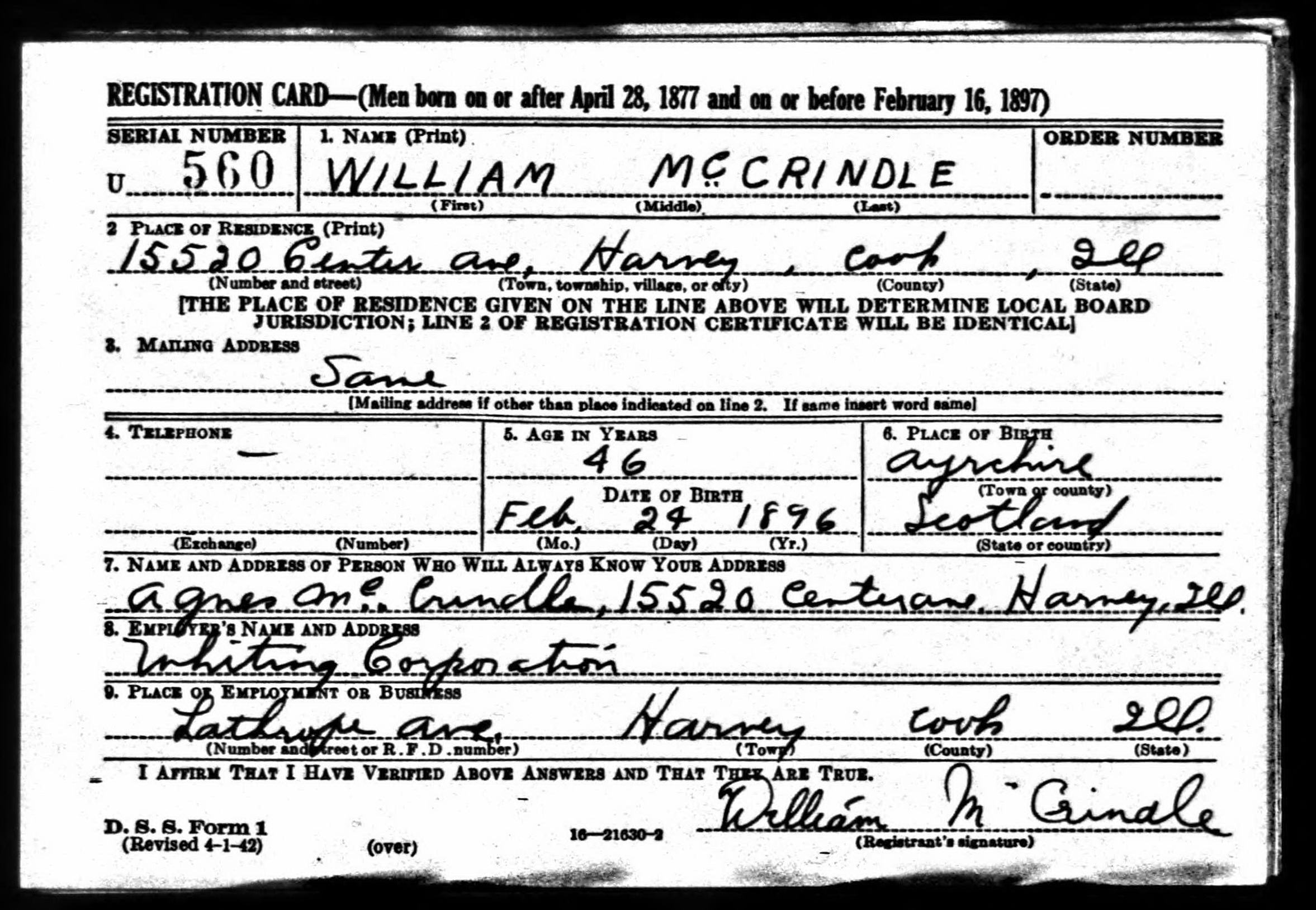 William McCrindle WW2 draft registration card (front) (3745 KB) 27 April 1942 William McCrindle, b. 24 Feb 1896 — WW2 draft registration card (front) (Click on Picture to View Full Size) picture