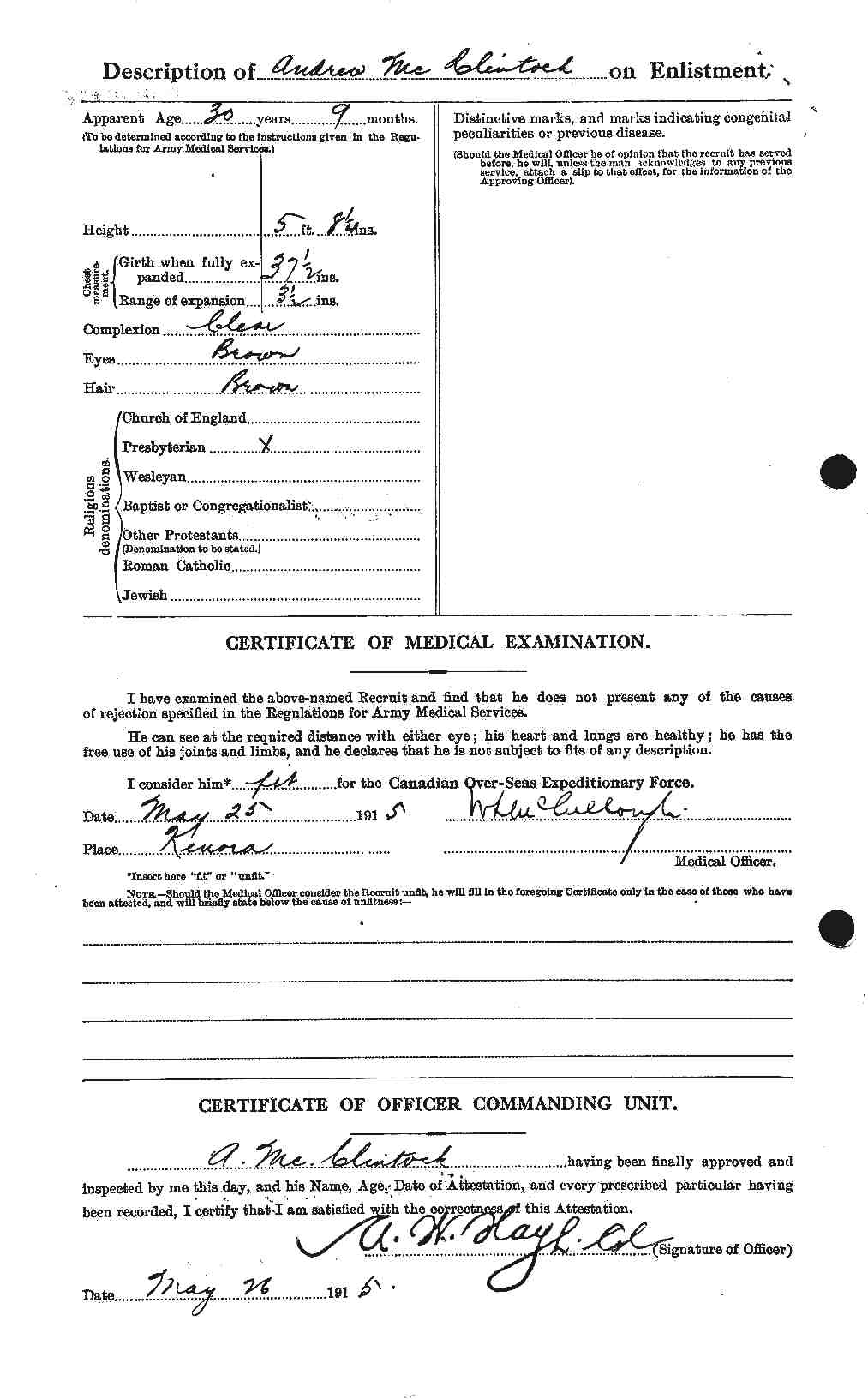 Andrew McClintock attestation paper — p1 of 2 (4848 KB) 25 May 1915 (Click on Picture to View Full Size) picture