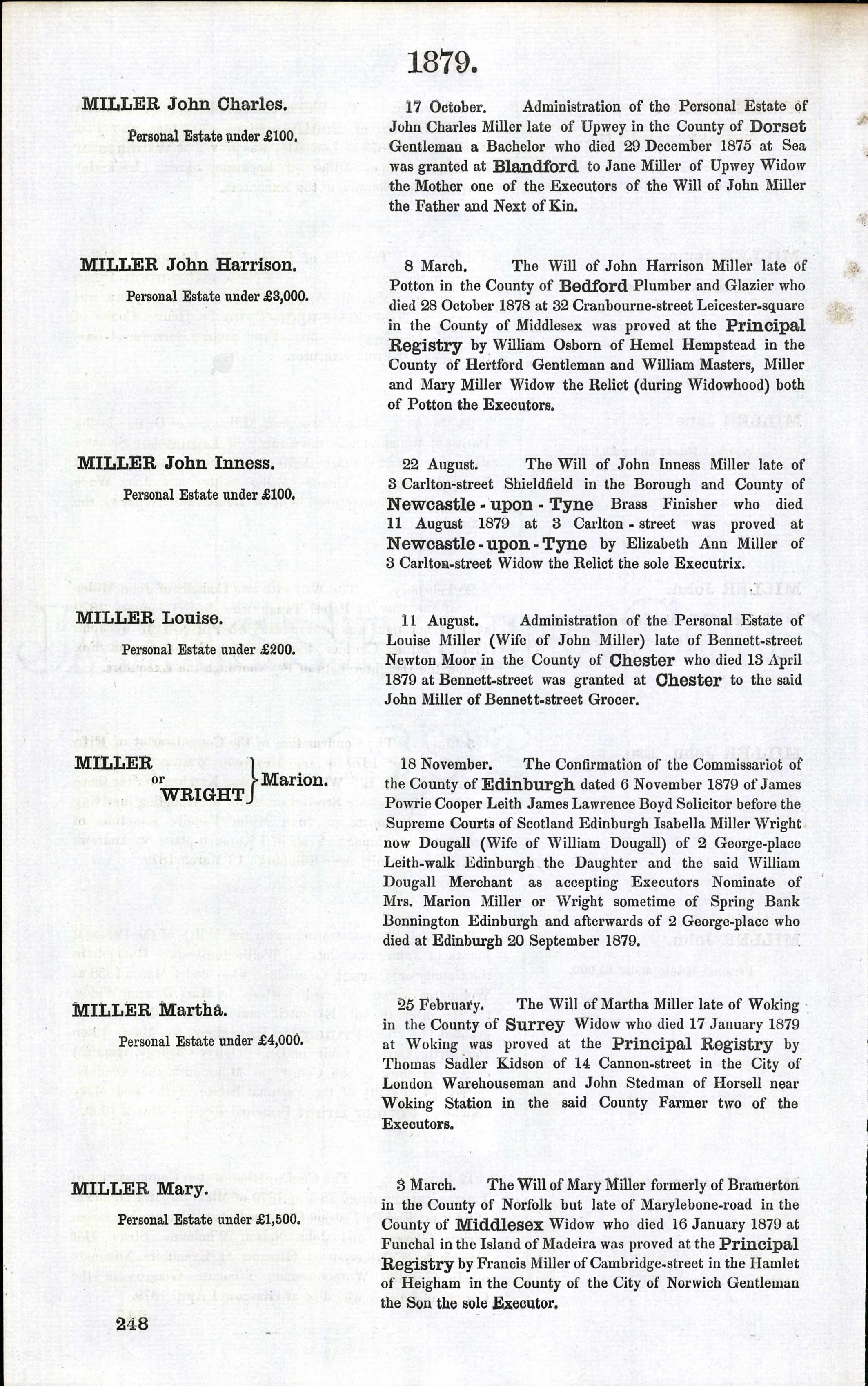 England & Wales National Probate Calendar Index — Miller or Wright, Marion, d. 1879 Edinburgh (21153 KB) England & Wales, National Probate Calendar (Index of Wills and Administrations), 1858 –1966; entry for Marion Miller or Wright, d. 20 Sep 1879 Edinburgh, Scotland, probate 18 Nov 1879 in Edinburgh Registry. (Click on Picture to View Full Size) picture