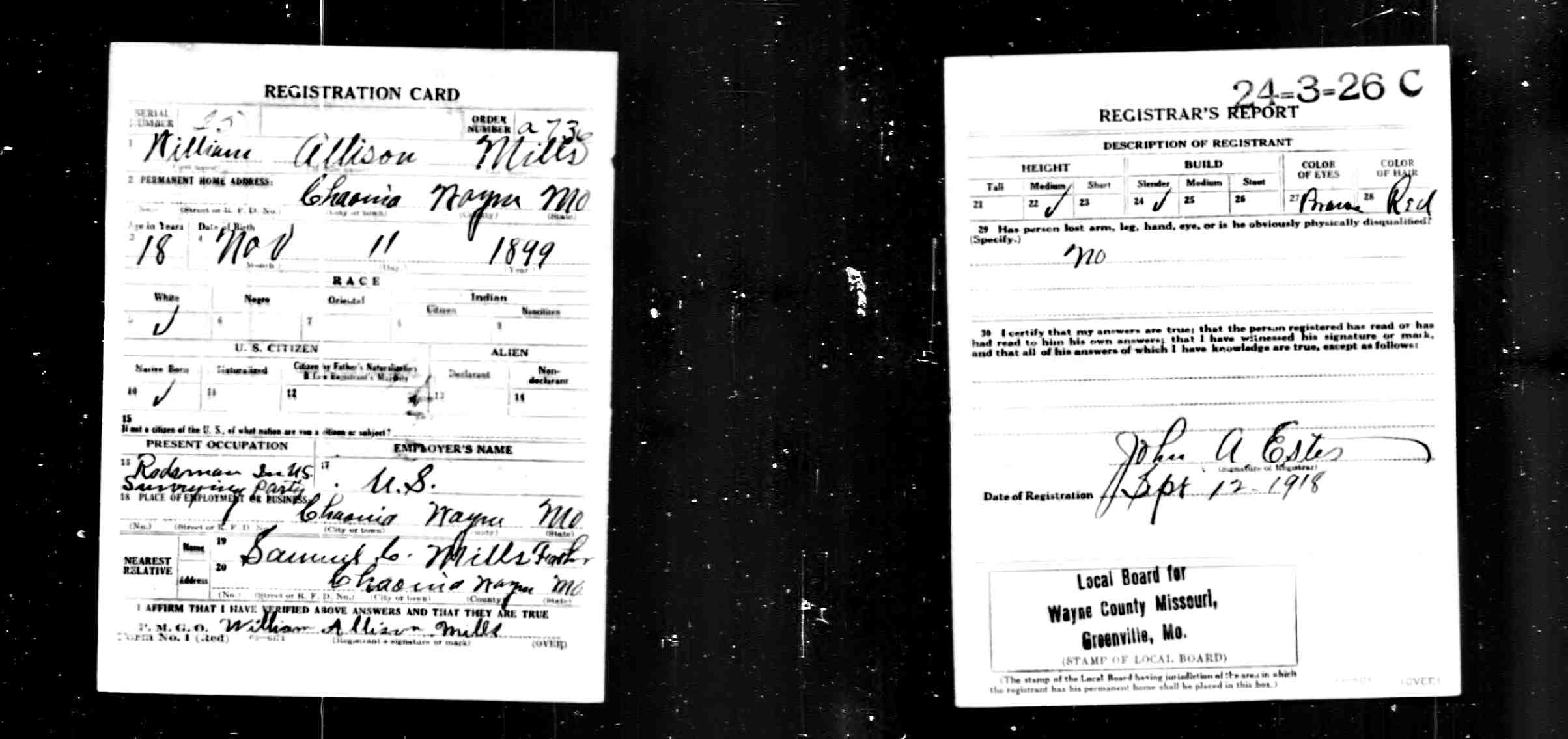 draft card (8014 KB) 1918 William Allison Mills — WWI draft registration card (Click on Picture to View Full Size) picture