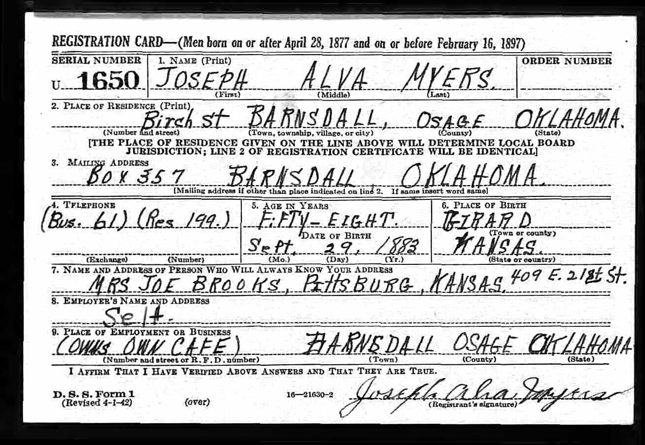 Joseph Alva Myers WW2 draft registration card (front) (1156 KB) 25 April 1942 Joseph Alva Myers, b. 29 Sep 1883 — WW2 draft registration card (front) (Click on Picture to View Full Size) picture