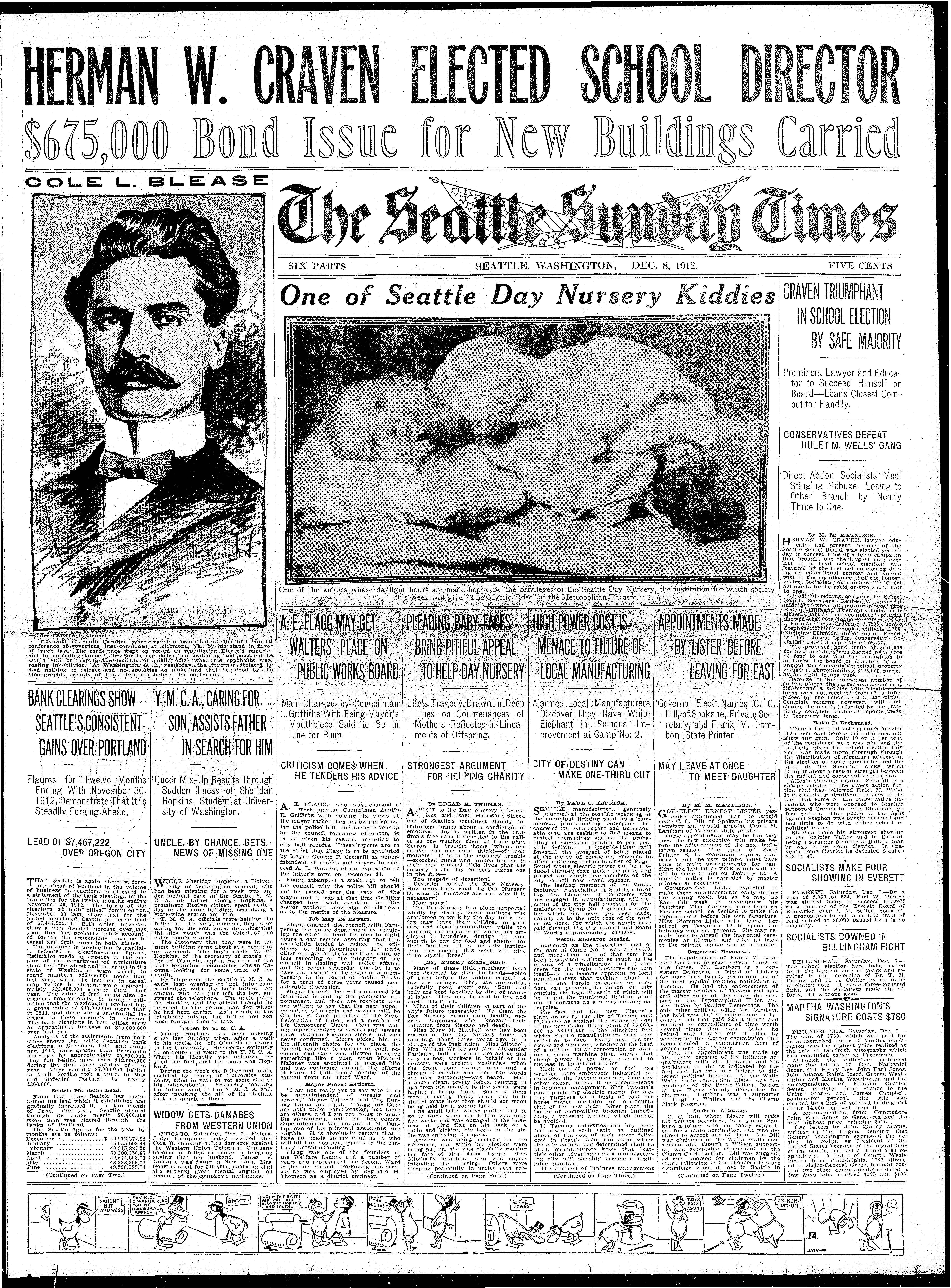 The front page of The Seattle Sunday Times features a photograph of infant Cleveland Clarence Nelson (46030 KB) 8 December 1912 The baby was not identified in the newspaper, but his family saved a copy of the photo. (Click on Picture to View Full Size) picture