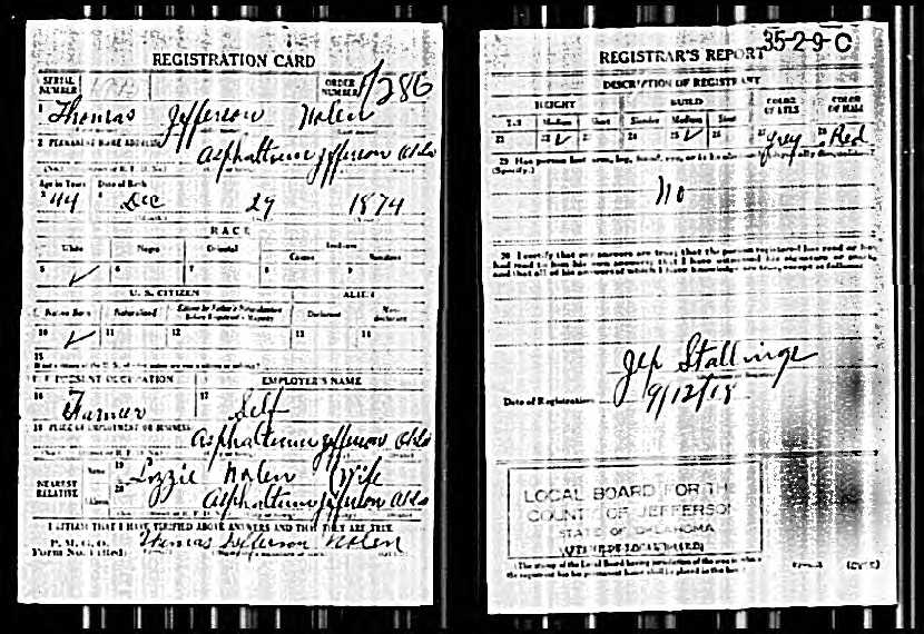 Thomas Jefferson Nolen WWI draft registration card (463 KB) 12 September 1918 draft card (Click on Picture to View Full Size) picture