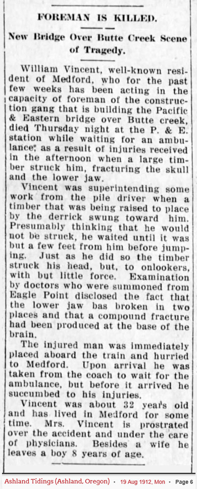 William Vincent obituary (1108 KB) 19 August 1912 from page 6 of the Ashland Tidings (Ashland, OR) on Monday, 19 August 1912 (Click on Picture to View Full Size) picture