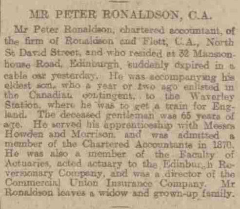 Peter Ronaldson obituary in the Aberdeen Journal (615 KB) 4 November 1914 Peter Ronaldson-Aberdeen Journal -Wed 4 Nov 1914 sronalds originally shared this 06 Jan 2015 Document / Certificate (Click on Picture to View Full Size) picture