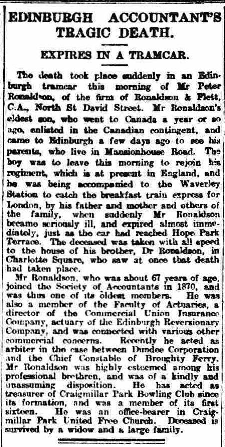 Peter Ronaldson obtiary from the Edinburgh Evening News (1168 KB) 3 November 1914 Peter Ronaldson-Edinburgh Evening News -3 Nov 1914 sronalds originally shared this 06 Jan 2015 Document / Certificate (Click on Picture to View Full Size) picture