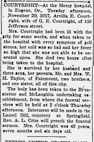 Arvilla Courtright obituary (432 KB) Abt 21 November 1917 Photo from FindAGrave; Added by: jessicado, 2/07/2011 (Click on Picture to View Full Size) picture