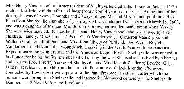 Obituary (501 KB) 12 November 1925 The Shelbyville Democrat, page 1, column 1 (Click on Picture to View Full Size) picture