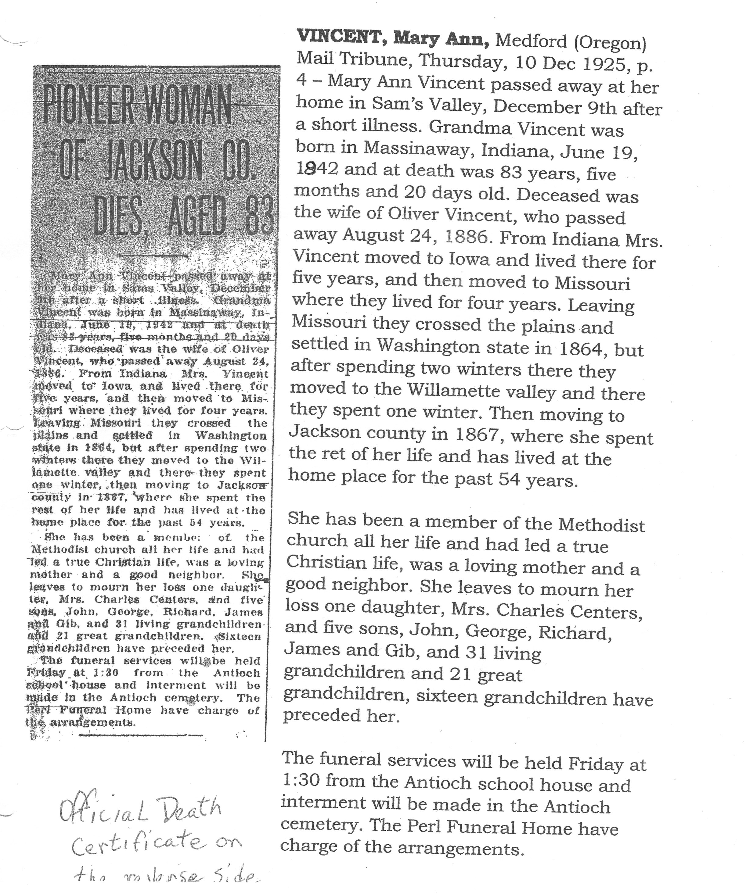 Mary Ann Vincent obituary (21010 KB) 10 December 1925 (Click on Picture to View Full Size) picture