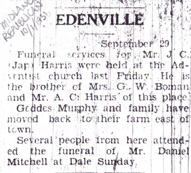 Jasper Harris death notice (1087 KB) 1 October 1931 Photo from FindAGrave; Added by: Chris, 4/20/2011 (Click on Picture to View Full Size) picture