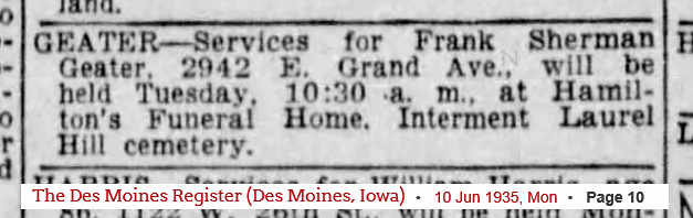 Funeral Notice (365 KB) 10 June 1935 from page 10 of The Des Moines Register (Des Moines, IA) (Click on Picture to View Full Size) picture