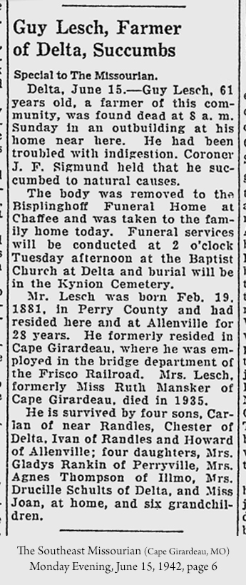 Guy Lesch obituary (831 KB) 15 June 1942 from page 6 of The Southeast Missourian (Cape Girardeau, MO) on Tuesday evening (Click on Picture to View Full Size) picture