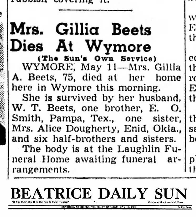 Gillie (Smith) Betts obituary (1810 KB) 11 May 1950 from page 1 of the Beatrice Daily Sun (Beatrice, Nebraska) on Thursday evening, 11 May 1950 (Click on Picture to View Full Size) picture