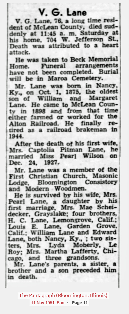 V. G. Lane obituary (1333 KB) 11 November 1951 from page 11 of The Pantagraph (Bloomington, IL) on Sunday, 11 November 1951 (Click on Picture to View Full Size) picture