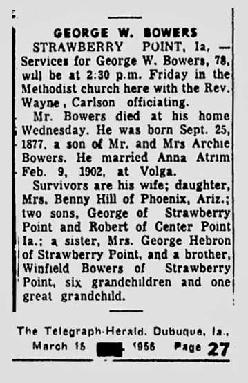 George W. Bowers obituary (587 KB) 15 March 1956 from page 27 of the Telegraph Herald (Dubuque, Iowa) on Thursday, 15 March 1956 (Click on Picture to View Full Size) picture