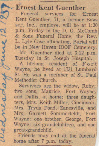 Ernest Kent Guenther obituary (474 KB) 12 June 1957 from an unknown newspaper in Fort Wayne, Indiana eguenther_1 originally shared this 26 Nov 2012 Portrait / Family Photo 12 June 1957 Fort Wayne, Indiana (Click on Picture to View Full Size) picture