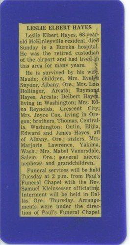 Leslie Elbert Hayes obituary (389 KB) 1957 Image courtesy of Tina Brannan. (Click on Picture to View Full Size) picture