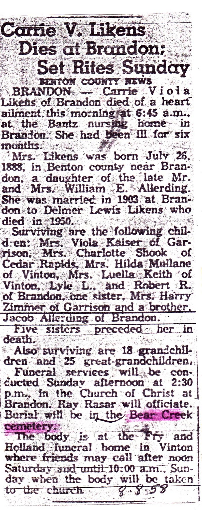 Carrie V. Likens obituary (3629 KB) 1958 obituary photo from FindAGrave — Added by: colette harrison, 11/18/2011 (Click on Picture to View Full Size) picture