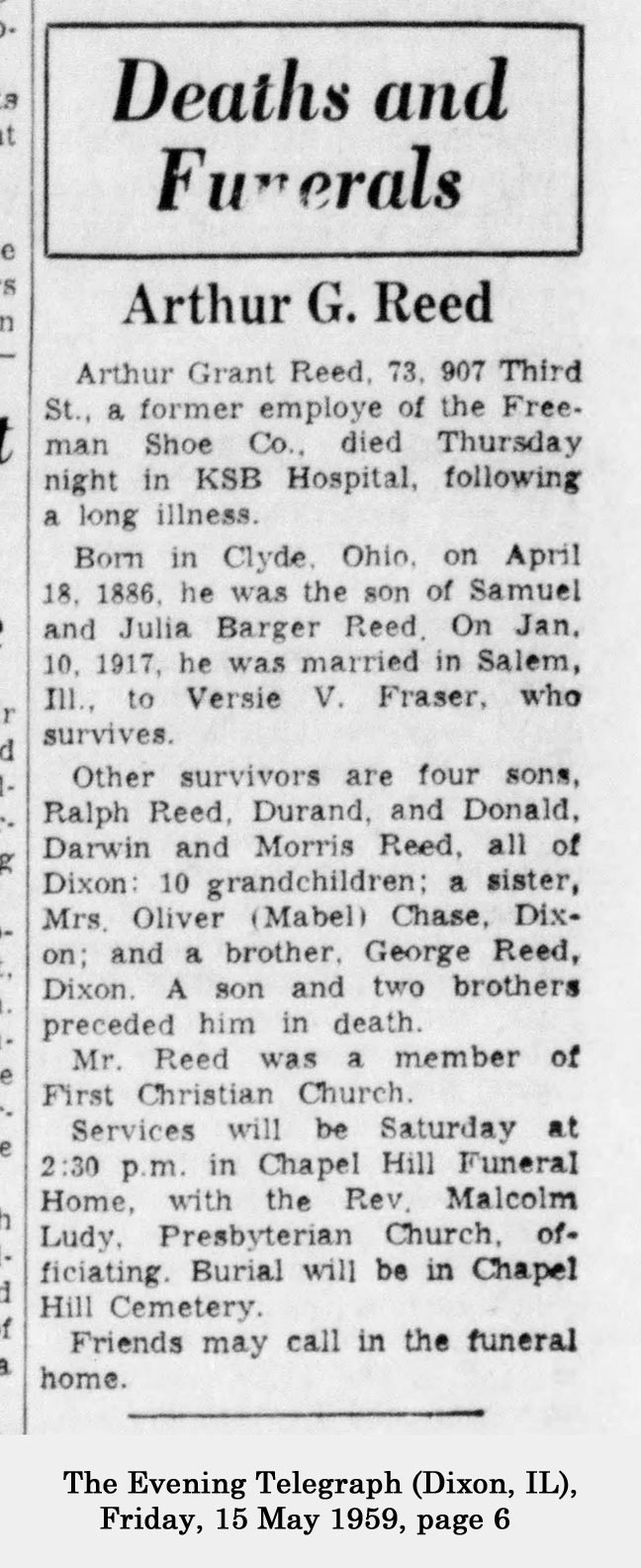 Arthur G. Reed obituary (3007 KB) 15 May 1959 from page 6 of the Evening Telegraph (Dixon, Illinois) on Friday, 15 May 1959 (Click on Picture to View Full Size) picture