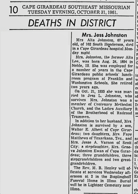 Alta Lee Johnston obituary in the Southeast Missourian (1256 KB) 31 October 1961 (Click on Picture to View Full Size) picture