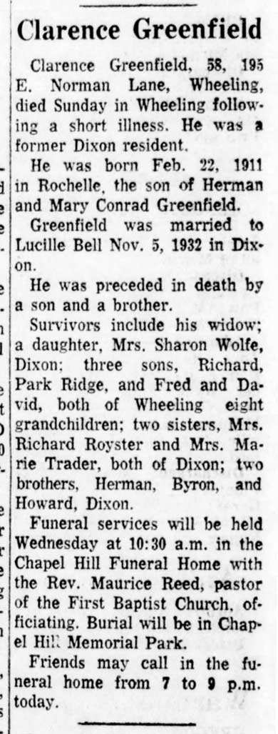 Clarence Greenfield obituary (1180 KB) 27 May 1969 from page 8 of the Evening Telegraph (Dixon, IL) on Tuesday, 27 May 1969 (Click on Picture to View Full Size) picture