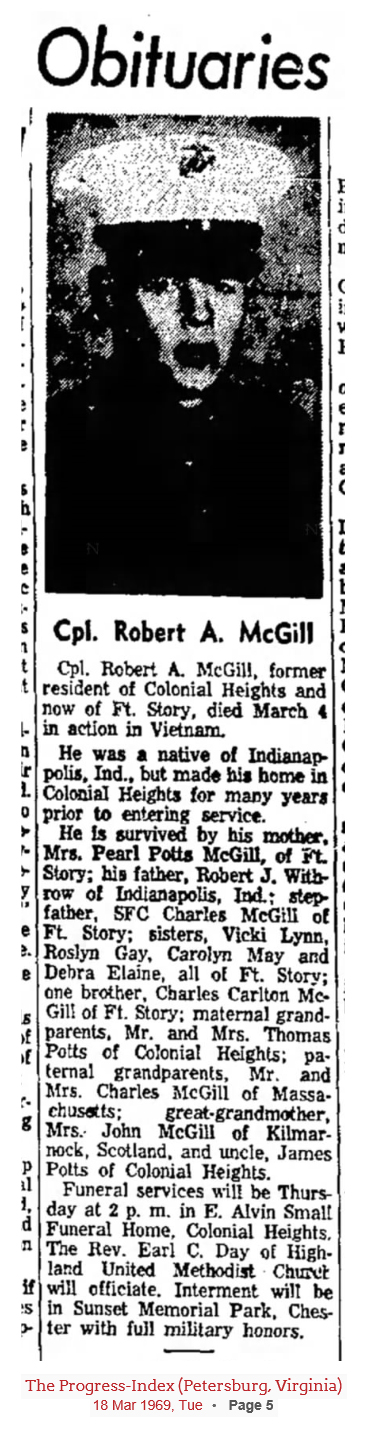 Robert Andrew McGill obituary (1542 KB) 1969 from page 5 of The Progress-Index (Petersburg, Virginia) on Tuesday, 18 March 196 (Click on Picture to View Full Size) picture