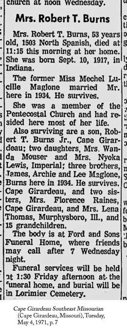 Mechel Burns obituary (523 KB) 1971 from page 7 of the Cape Girardeau Southeast Missourian (Cape Girardeau, Missouri) on Tuesday, May 4, 1971 (Click on Picture to View Full Size) picture