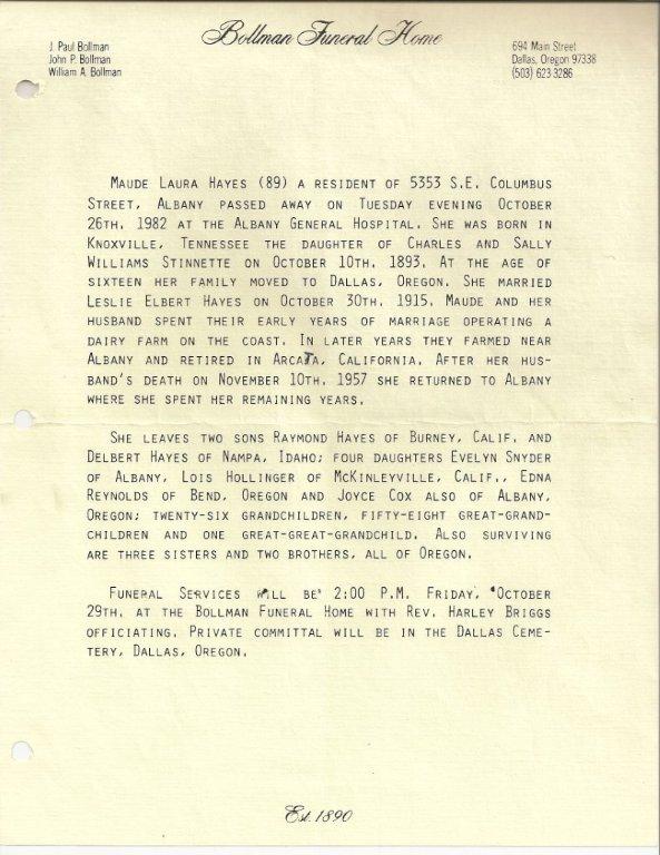 Maude Laura Hayes obituary (1336 KB) 1982 Photo of obituary courtesy of Tina Brannan. (Click on Picture to View Full Size) picture