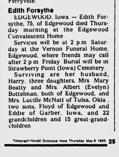 Edith Forsythe obituary (628 KB) 9 May 1985 page 25 of the Telegraph Herald (Dubuque, Iowa) on Thursday, 9 May 1985 (Click on Picture to View Full Size) picture
