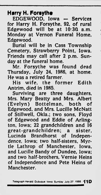 Harry H. Forsythe obituary (934 KB) 27 July 1986 from page 11D of the Telegraph Herald (Dubuque, Iowa) on Sunday, 27 July 1986 (Click on Picture to View Full Size) picture