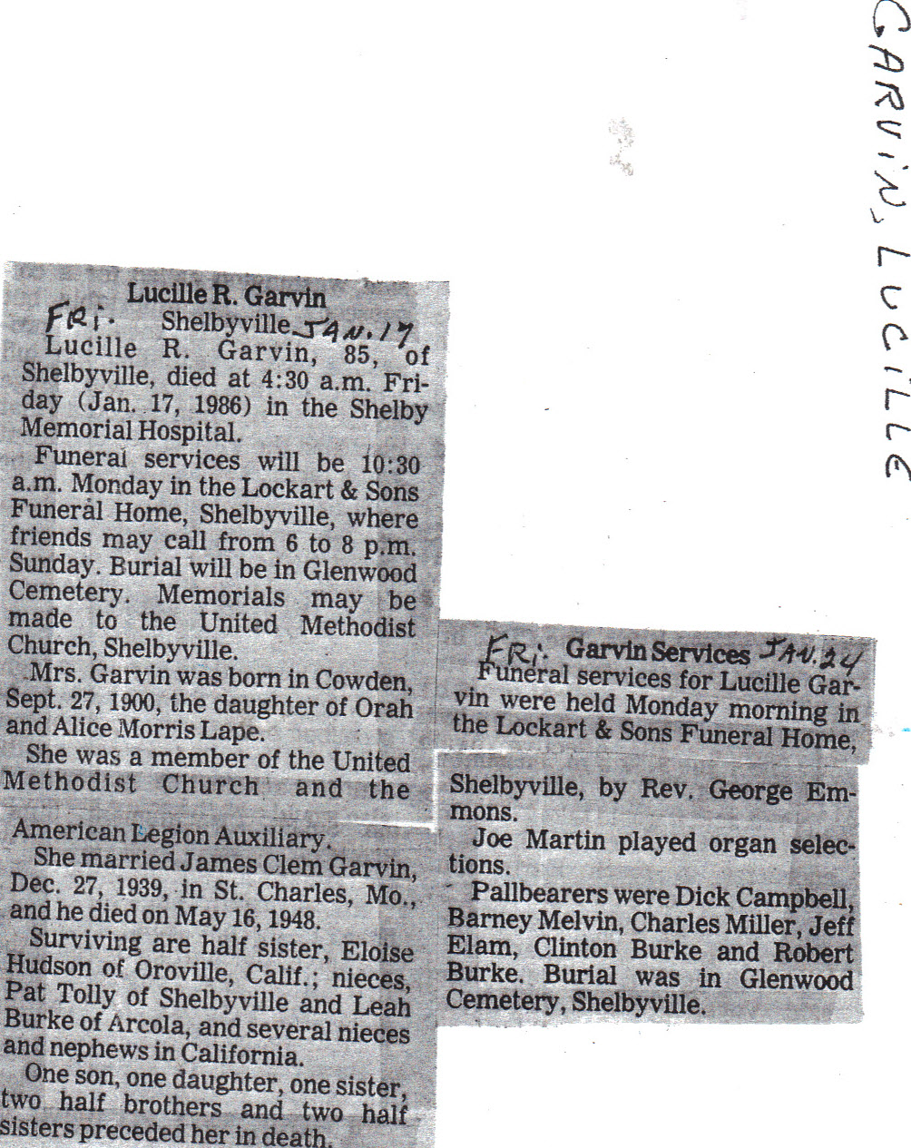 Lucille Garvin obituary and funeral notice (3720 KB) Photo from FindAGrave; Added by: G. Charles Ogline Lantay (aka Gregory P. Lantay), 1/09/2014 (Click on Picture to View Full Size) picture