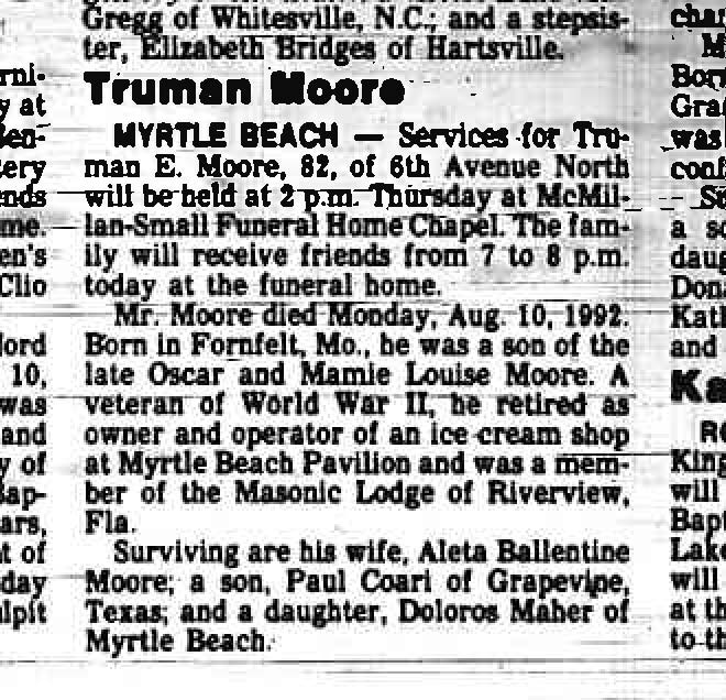 Truman Moore obituary (409 KB) 1992 (Click on Picture to View Full Size) picture