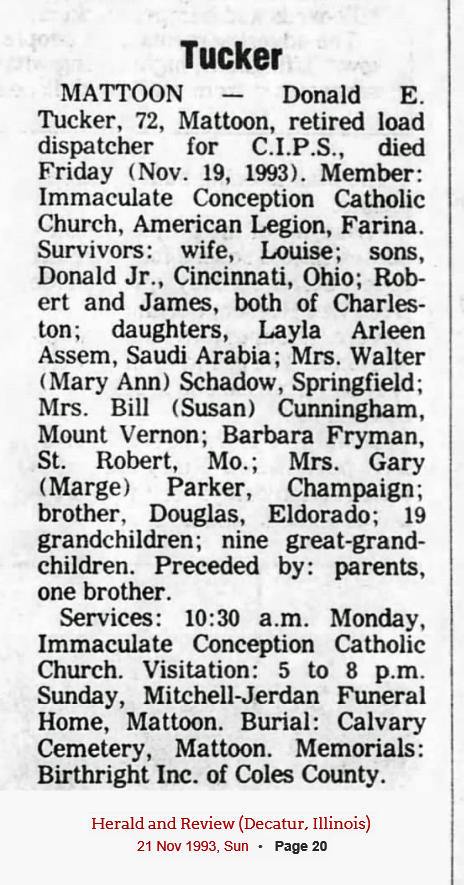 Donald E. Tucker obituary (1203 KB) 1993 from page C2 of the Herald & Review (Decatur, IL) on Sunday, 21 November 1993 (Click on Picture to View Full Size) picture