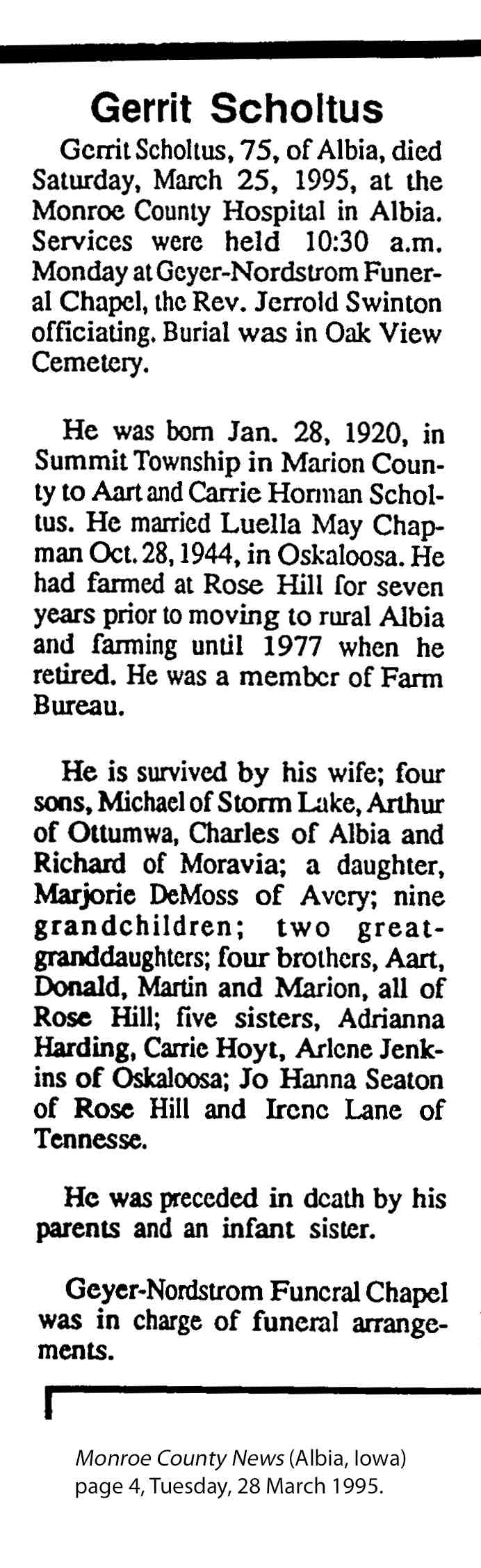 Gerrit Scholtus obituary (4561 KB) 28 March 1995 from page 4 of the Monroe County News (Albia, Monroe County, Iowa, USA) (Click on Picture to View Full Size) picture