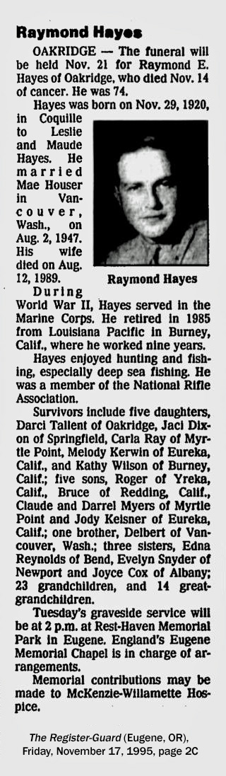 Raymond Hayes obituary (1028 KB) 17 November 1995 from page 2C of the Register-Guard (Eugene, OR) on Friday, 17 Nov 1995 (Click on Picture to View Full Size) picture
