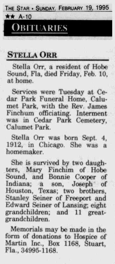 Stella Orr obituary (1371 KB) 19 February 1995 from page A-10 of The Star (Harvey, IL) (Click on Picture to View Full Size) picture
