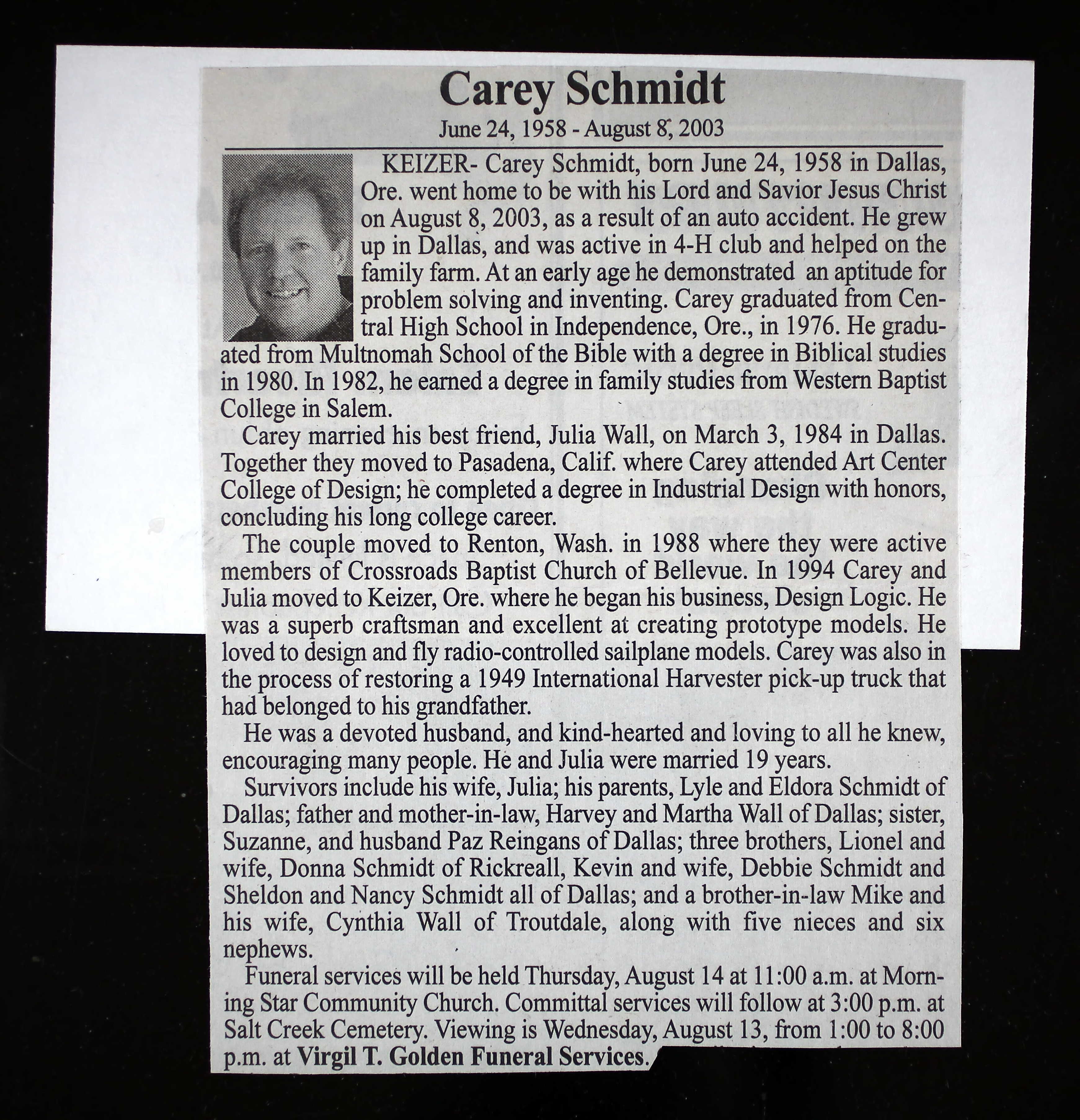 Carey Schmidt obituary (36867 KB) 2003 from an unknown Marion County, Oregon newspaper as found in 'Willamette Valley, Oregon, Death Records, 1838 – 2006' database on Ancestry (Click on Picture to View Full Size) picture