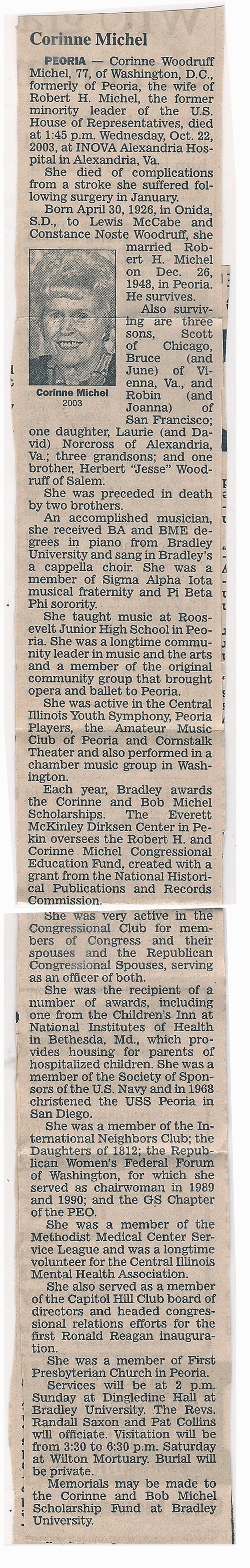 Corinne Woodruff Michel obituary (5579 KB) 24 October 2003 from page B4 of The Peoria Journal Star (Peoria, IL) (Click on Picture to View Full Size) picture