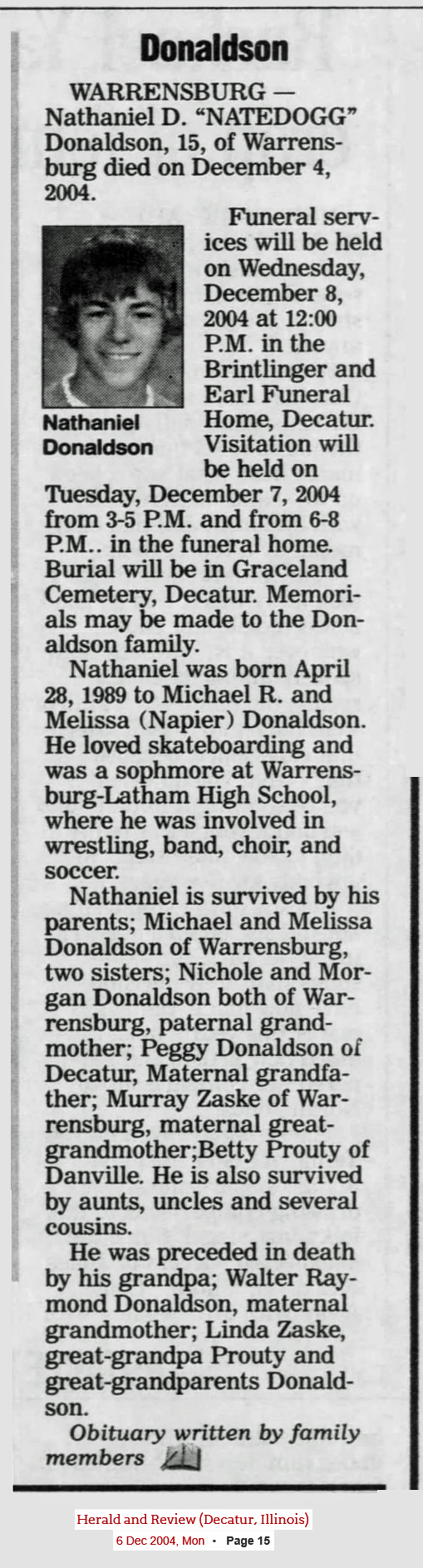 Nathaniel Donaldson obituary (2819 KB) 6 December 2004 from page 15 of the Herald & Review (Decatur, IL) on Monday, 6 Dec 2004 (Click on Picture to View Full Size) picture