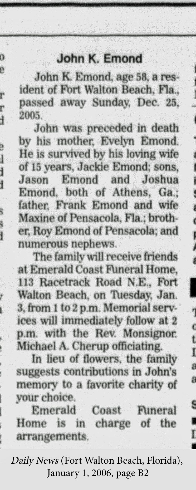 John K. Emond obituary (4054 KB) 1 January 2006 from page B2 of the Daily News (Fort Walton Beach, Florida) (Click on Picture to View Full Size) picture