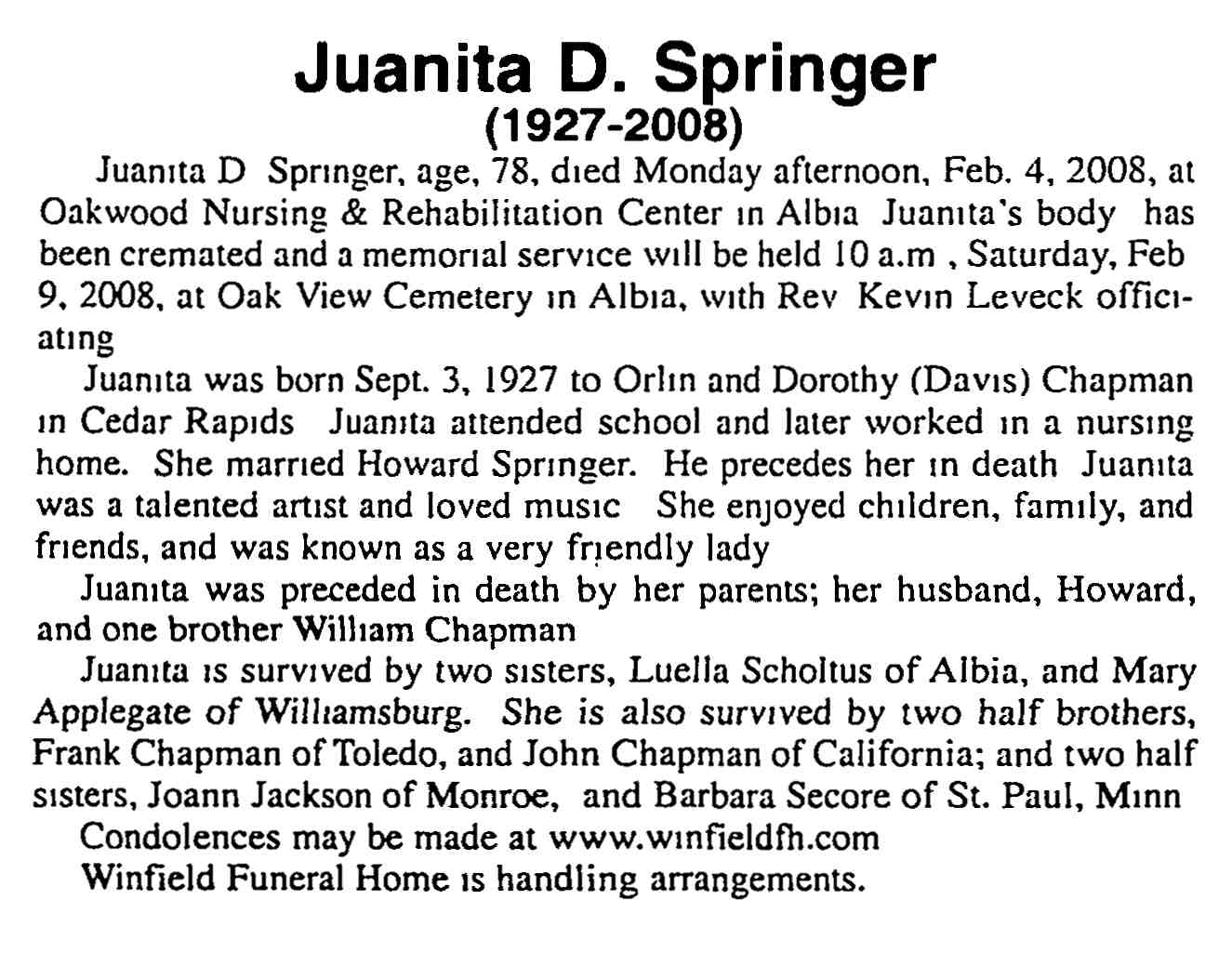 Juanita D. Springer obituary (3981 KB) 5 February 2008 from page 4 of the Monroe County News (Albia, Monroe County, Iowa, USA). (Click on Picture to View Full Size) picture